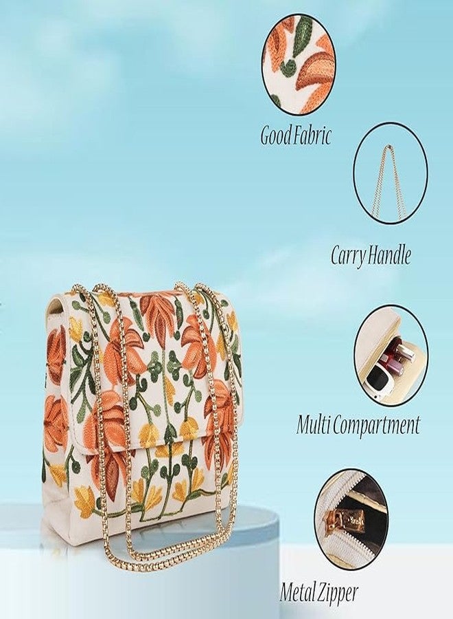 EVEDA Synthetic Leather Stylish Fancy Gorgeous Embroidered Design Crossbody Gold Chain Side Sling Bag For Women (Cream) - Image 2